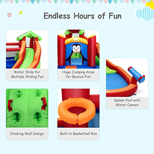 BOUNTECH Inflatable Water Slide, 6 in 1 Water Slides for Kids Backyard w/Splash Pool, Jumping, Climbing Wall, Water Cannon, Basketball Rim, Water Park for Outdoor w/Accessories (with 735W Air Blower)