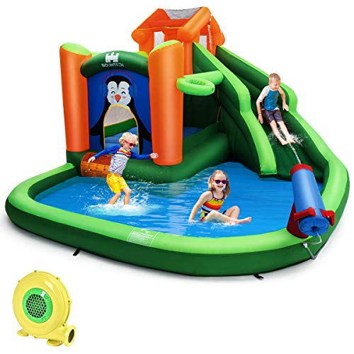 BOUNTECH Inflatable Water Slide, 6 In 1 Water Slides for Kids Backyard w/ Climbing Wall, Splash Pool, Water Cannon, Basketball Rim, Indoor Outdoor Bounce House w/All Accessories (With 735W Air Blower)