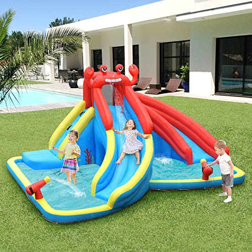 HONEY JOY Inflatable Water Slides for Kids, 7 in 1 Crab Themed Bouncy Water Castle w/Splash Pool & Water Guns, Bounce House for Wet & Dry, Outdoor Blow up Water Park for Backyard(with 950w Blower)