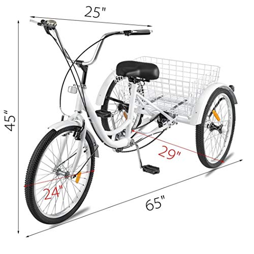 Adult Tricycle Bikes 24"/20" with Basket, 3 Wheels Cruise Trike, 1/7 Speed 3-Wheel for Shopping, with Installation Tools, Comfortable Bicycles, for Men and Women, Load Capacity 330 lbs (White-24“)