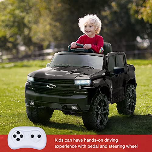 Chevrolet Silverado 12V Kids Boys and Girls Electric Ride on Truck Car Electric Vehicle with Parents Remote Control, 2 Speeds, 4 Wheels, LED Lights, Music (Dark)