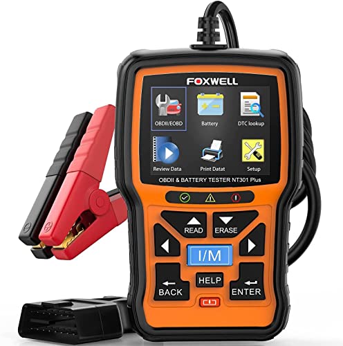 FOXWELL NT301 Plus OBD2 Scanner with 12V Battery Tester, 2 in 1 Enhanced OBDII Check Engine Code Reader Scan Tool with O2 Sensor/Smog Test [ 2022 Newest Version ]