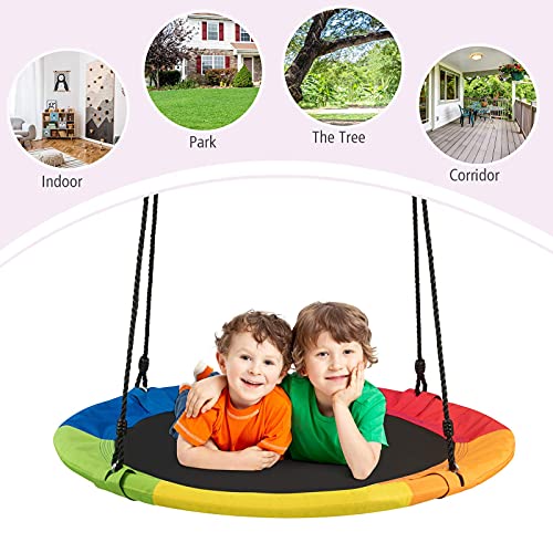 Costzon 40'' Flying Saucer Tree Swing for Kids Adult, Indoor Outdoor 700 Lbs 900D Round Swing w/ Multi-ply Rope, Height Adjustable, Suitable for Tree, Swing Set, Backyard (Strengthen Colorful)