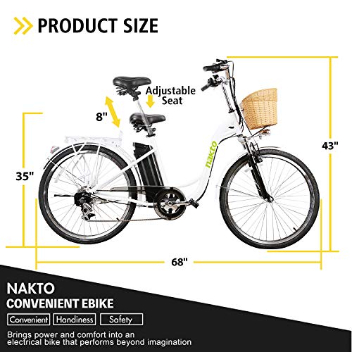 NAKTO 26" Ebike for Female 250W City-Electric Bike Sporting 6-Speed Gear Electric Bicycle 36V10A Removable Battery-White