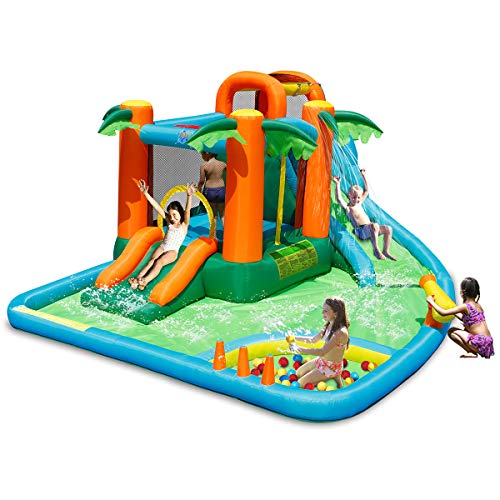 Costzon Inflatable Water Slide Bounce House, 7 in 1 Water Slides for Kids Backyard w/Climbing, Basketball Rim, Splash Pool, Water Cannon, Inflatable Water Park w/Accessories (Without Blower)