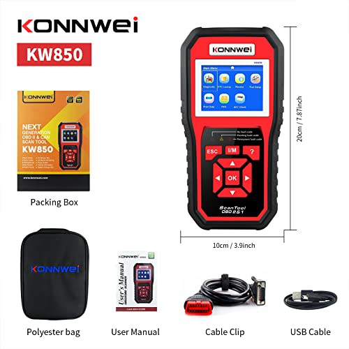 KONNWEI KW850 OBD II Scanner Check Engine Code Reader CAN Diagnostic Scan Tool with O2 Sensor Test Freeze Frame I/M Readiness Print Data EVAP System Battery Test for All OBD2 Cars (Updated Version)