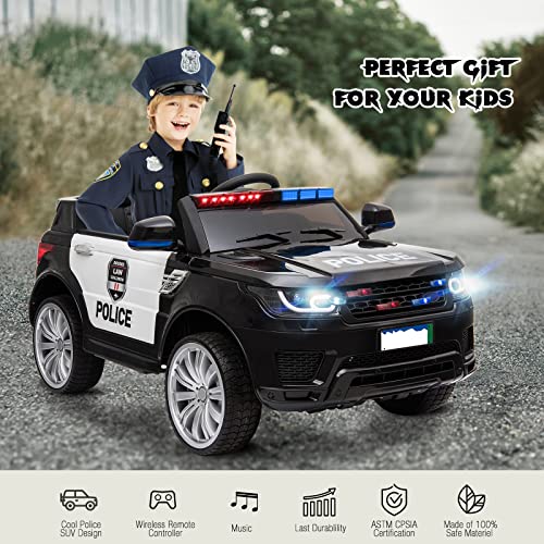 JOINATRE 12V Kids Ride on Police Car with Car Cover, Battery Powered Electric Police Vehicles w/Remote Control, Intercom, Siren Flashing Light, Horn, Music, Suspension, for Boys Girls, Black