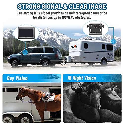 EWAY Wireless WiFi Magnetic Hitch Backup Camera 5'' LCD Monitor Display for Gooseneck Horse Travel Boat Trailer RV Camper Truck Side Rear View Reverse Camera Portable Battery Powered IR Night Vision
