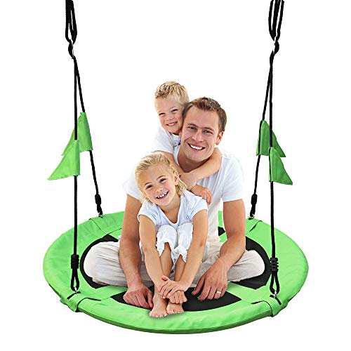 40 Inch Flying Saucer Tree Swing with Straps Flags for Kids, Outdoor Round Swing seat 2 Added Hanging Straps Adjustable Multi-Strand Ropes