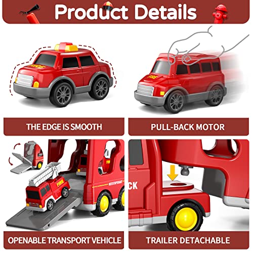 Fire Truck Toys for Toddlers 3 4 5 6 Years Old, 7 in 1 Truck Friction Power Toy Car, Fire Rescue Truck, Ladder Truck, Helicopter and Sprinkler, Christmas Birthday Gifts for Boys & Girls 3-5 Years Old