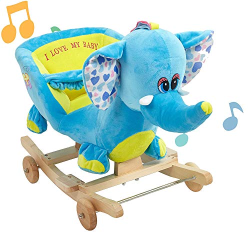 LUCKYERMORE Rocking Horse Elephant with Fun Song Music/Seat Belt/Wheels Rocker Chair Animal Ride On Toys with Seat Belt and Music for Boys Girls, Blue Elephant