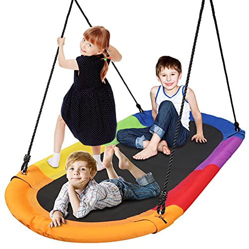 SereneLife Surf Saucer Tree Swing - Kids Outdoor Tree Hanging Giant Saucer Platform for Playground Playroom or Backyard w/ Rope Straps, Cushion Padded Metal Frame - SereneLife SLSOVSWNG55RB (Rainbow)
