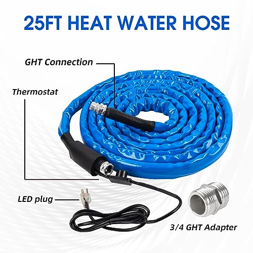 Richeer 25 FT Heated Drinking Water Hose for RV, 5/8" Inner Diameter Freeze Protection Down to -20°F/-28°C Energy-Saving Thermostat, Includes 3/4" Adapters, Fit for RV/Campers/Homes