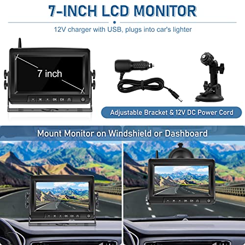 2 Magnetic Solar Wireless Backup Camera HD 1080P 7inch Monitor Kit - Rechargeable Battery, 3 Mins Installation for Car Truck Camper Small RV, Hitch Rear View Camera for Trailers, Fifth Wheels (SW7-2)