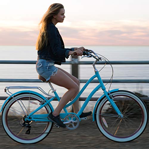 sixthreezero EVRYjourney Women's 3-Speed Step-Through Hybrid Cruiser Bicycle, 24" Wheels and 14" Frame, Teal with Brown Seat and Grips