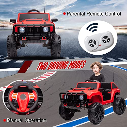 Nitoess Kids Ride On Car with Remote Control, 12V Battery Powered Ride On Truck for Boys Girls Toddlers Kids Electric Vehicle with LED Headlights 4x4 Ride On UTV w/ 3 Speeds Bluetooth Music, Red