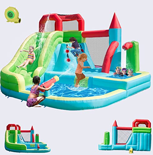 HIJOFUN Inflatable Water Slide for Kids and Adults,6-in-1 Bounce House with Waterslide Park,Air Blower,Deep Pool,Splash Pool,Water Cannon,Climbing Wall and Jumping Bouncer for Backyard Outdoor