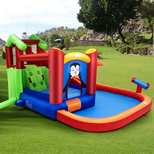 BOUNTECH Inflatable Water Slide, 6 in 1 Water Slides for Kids Backyard w/Splash Pool, Jumping, Climbing Wall, Water Cannon, Basketball Rim, Water Park for Outdoor w/Accessories (with 735W Air Blower)