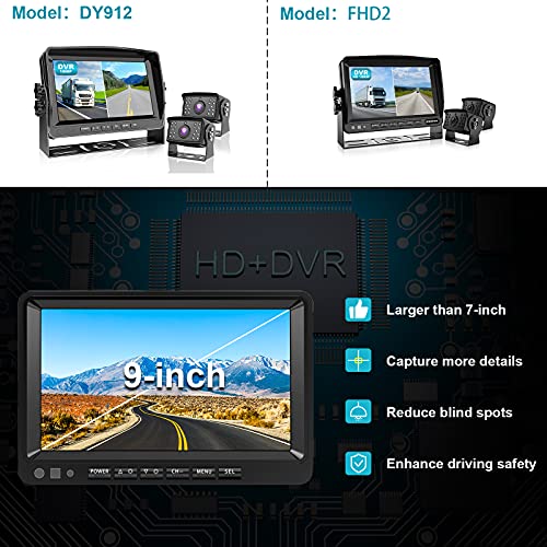 Fookoo Ⅱ HD 1080P 9" Wired Backup Camera System, 9-inch DVR Dual Split Screen Monitor, IP69 Waterproof Rear View Camera for Truck/Trailer/Box Truck/RV, Loop Record, Parking Lines (DY912)