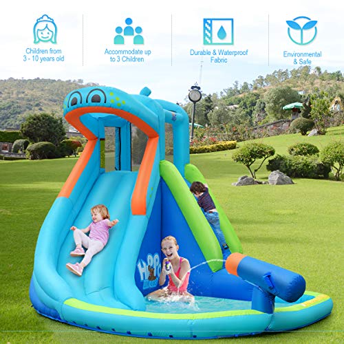 BOUNTECH Inflatable Water Slide, Hippo Themed Water Slides for Kids Backyard w/ Splashing Slide, Climbing Wall, Water Cannon, Indoor Outdoor Water Park w/All Accessories (with 740W Air Blower)