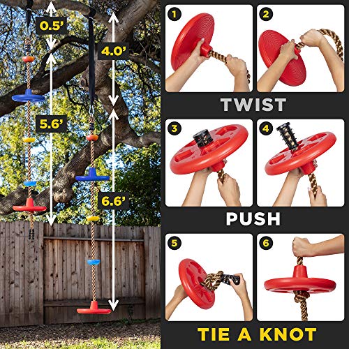 LAEGENDARY Tree Swing for Kids - Double Disk Outdoor Climbing Rope w/ Platforms, Carabiner & 4 Ft Tree Strap - Playground Accessories - Multicolored