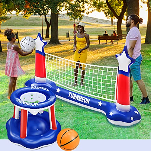 Large Inflatable Pool Games Volleyball Net & Basketball Hoop Set with 2 Balls Swimming Pool Toys for Adults Kids Pool Floating Water Pool Toys Party Volleyball Net (116”x46”x30”) Hoop (31”x31”x24”)