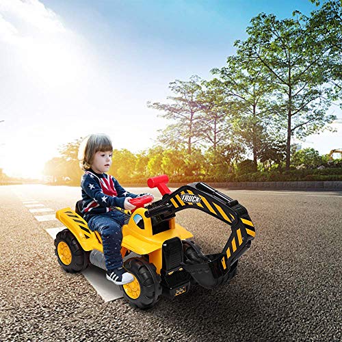 JOYMOR Children’s Excavator Toy Ride On Toy, Push and Go Construction Toy for Boys and Girls with Sounds, for Indoor and Outdoor Play, Includes Plastic Artificial Stones and Hard Safety Helmet