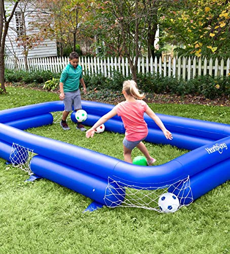HearthSong Inflatable Soccer Pool Backyard Game for Kids and Adults with 14'L x 7'W x 18" H Arena and Seven Inflatable Balls (8½" diam.), Ground Stakes and Repair Patch Kit Included