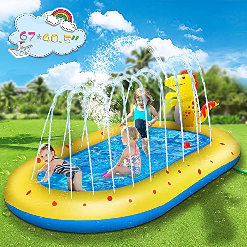 LQTTEK Inflatable Sprinkler Pool for Kids, Cute Dinosaur Sprinkler Kiddie Pool, 3-in-1 Backyard Splash Pad Sprinkler Swimming Pool Outdoor Water Toys for Toddlers Kids