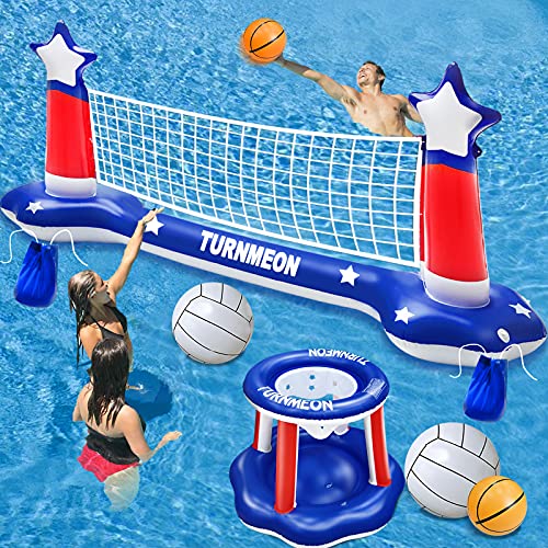 Large Inflatable Pool Games Volleyball Net & Basketball Hoop Set with 2 Balls Swimming Pool Toys for Adults Kids Pool Floating Water Pool Toys Party Volleyball Net (116”x46”x30”) Hoop (31”x31”x24”)