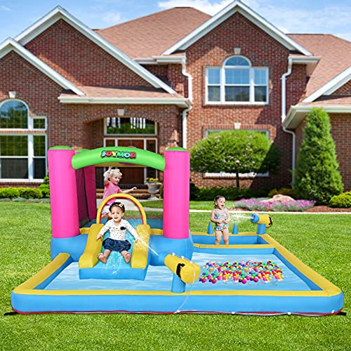 JOYMOR Inflatable Water Slide Park for Backyard, Bounce House w/ Blower, 2 Water Guns, Splash Pool, Water Slide Bouncer Castle Outdoor Playhouse for Little Kids