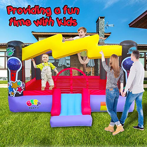 BESTPARTY Inflatable Bounce House with Blower Kids Pop Star Theme, Bouncy Slide & Huge Jumper Area, for Yard, Backyard Indoor Outdoor Birthday Party