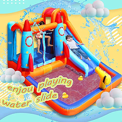 MEIOUKA Kids Inflatable Bounce House with Blower Water Slides Pool Splash Water Gun Jumping Bouncing Rocket Kid Inflatable Water Slide Bounce Houses Castle for Kids Toddlers Outdoor Jump Bouncy Houses
