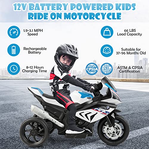 Costzon Kids Motorcycle, Licensed BMW 12V Battery Powered Ride on Motorcycle with Headlight, Horn, Music, MP3, USB Port, 3 Wheels Electric Motorcycle for Kids, Gift for Boys & Girls (White)