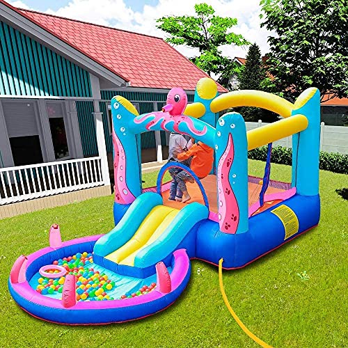 MEIOUKA Kid Water Slide Inflatable Bounce House Castle with 350W Blower Spray Water Pool Ball Pit Octopus Blow up Inflatable Jumping Bouncy Houses for Kids Toddlers Outdoor Indoor Bouncer Party Toys