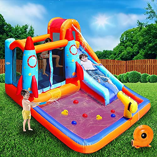 MEIOUKA Kids Inflatable Bounce House with Blower Water Slides Pool Splash Water Gun Jumping Bouncing Rocket Kid Inflatable Water Slide Bounce Houses Castle for Kids Toddlers Outdoor Jump Bouncy Houses