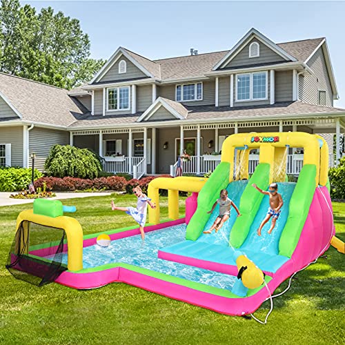 JOYMOR 6-in-1 Inflatable Double Water Slide Park, Bounce House w/ Obstacle Crossing, Ball Net, Climbing Wall, Water Gun, Bouncer Castle Outdoor Backyard Playhouse for Kids (Included Blower)