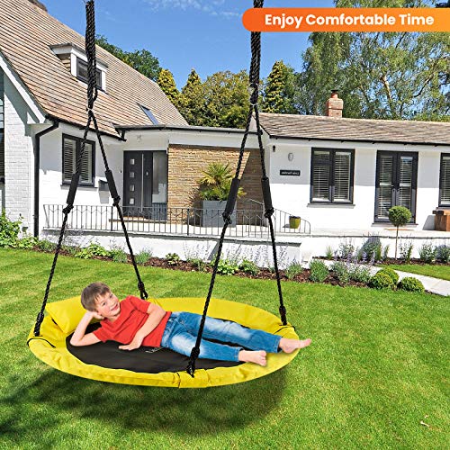 Saucer Tree Swing for Kids, LITTLELOGIQ 40 Inch Outdoor Swing Sets for Backyard, Round Flying Swing with 2 Hanging Straps, 700lb Capacity, Adjustable Ropes, Easy Setup, for Adults & Kids - Yellow