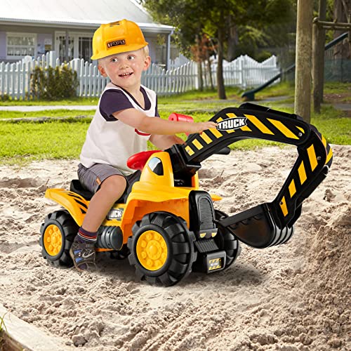 Costzon Kids Ride On Construction Excavator, Outdoor Digger Scooper Tractor Toy W/Safety Helmet, Rocks, Horn, Underneath Storage, Moving Forward/Backward, Pretend Play Ride On Truck (Excavator)