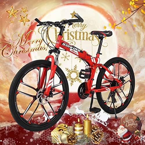 Kiosan Mountain Bike for Men 26 inch Folding Bike Full Suspension, 21 Speed High-Tensile Carbon Steel Frame MTB, Dual Disc Brake Bicycle for Women Bicicletas para Hombres (Red #10 Spoke)