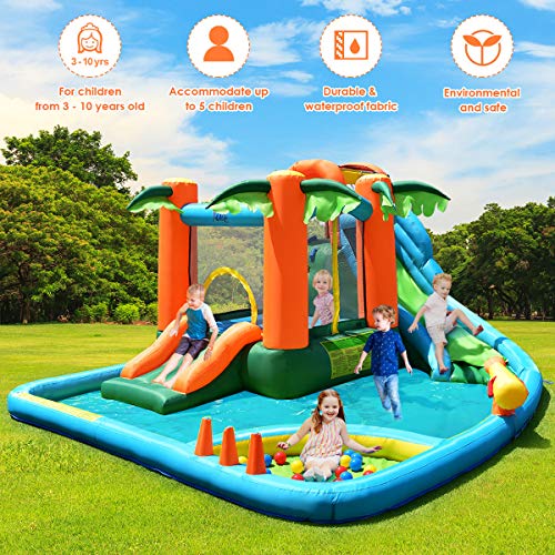 HONEY JOY Inflatable Water Slide Bounce House, 7-in-1 Kids Jumping Bouncy Water Castle w/Long Slide, Ball Pit, Water Gun, Climbing Wall, Jungle Outdoor Blow up Water Park for Backyard(Without Blower)