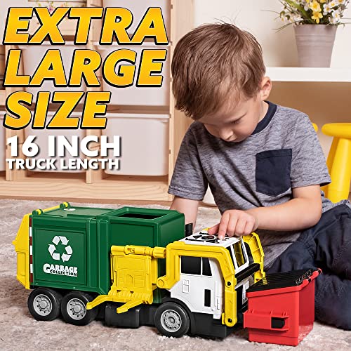 JOYIN Toys for Boys 3+ Years Old - 16" Large Garbage Truck Toys for Boys, Realistic Trash Truck with Trash Can Lifter and Dumping Function, Garbage Sorting Cards for Preschoolers, Kids Birthday Gift