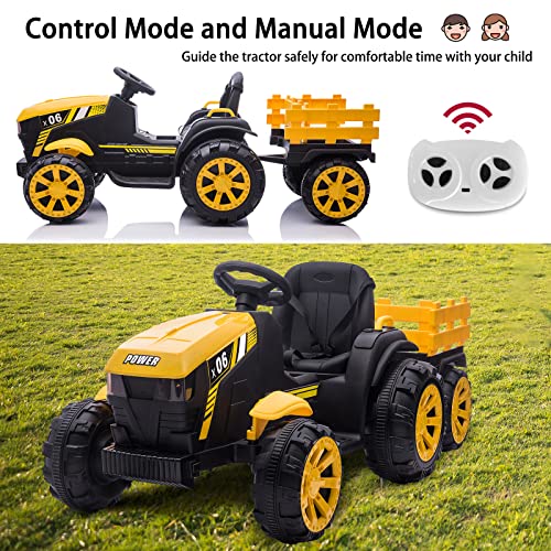 OTTARO Kids Ride on Tractor, 12V 7AH Battery Powered Tractor with Large Trailer, Remote Control, USB, LED Lights, Audio, Safety Belt,Yellow