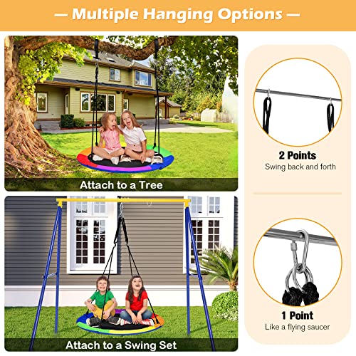 Costzon 550lbs Swing Frame Stand with 40'' Saucer Swing, A-Frame Swing Sets for Backyard w/Ground Stakes and Adjustable Ropes, Great for Indoor Outdoor Kids (Swing Frame with Reversible Swing)