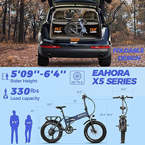 Electric Bike, Eahora X5 20 Inch Fat Tire Foldable E-Bike 750W Off-Road Electric Commuting Bicycles 750W Hub Motor 48V 15Ah Adult Electric Bike Snow Bicycle Ebike with Power Assist and 7-Speed (Blue)