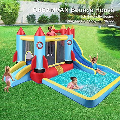 DREAMVAN Kids Bounce House with Blower Inflatable Bounce Houses Double Slide Climbing Wall and Ball Pit/Pool Splash Big Bouncy House Bouncing Rocket Jumping Castle Outdoor/Indoor, Ages 3-12 Years