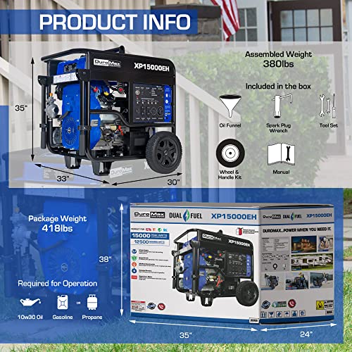 DuroMax XP15000EH Dual Fuel Portable Generator-15000 Watt Gas or Propane Powered Electric Start-Home Back Up & RV Ready, 50 State Approved, Blue and Black