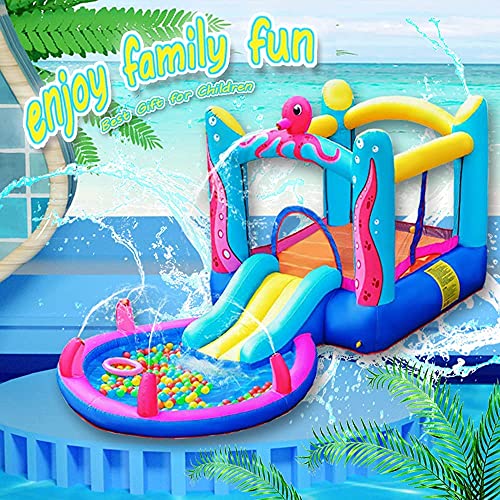 MEIOUKA Kid Water Slide Inflatable Bounce House Castle with 350W Blower Spray Water Pool Ball Pit Octopus Blow up Inflatable Jumping Bouncy Houses for Kids Toddlers Outdoor Indoor Bouncer Party Toys