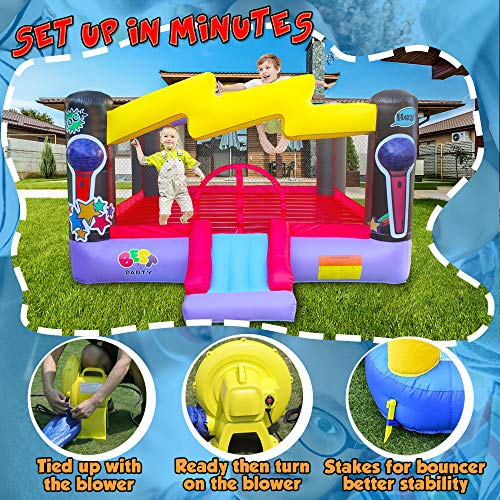 BESTPARTY Inflatable Bounce House with Blower Kids Pop Star Theme, Bouncy Slide & Huge Jumper Area, for Yard, Backyard Indoor Outdoor Birthday Party