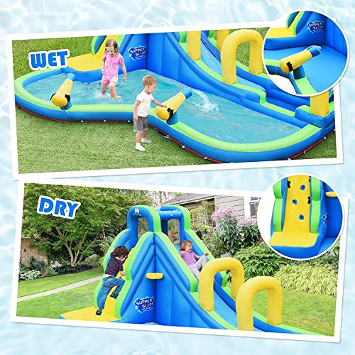HONEY JOY Inflatable Water Slides, 5 in 1 Kids Castle Bouncy House w/2 Water Cannons & Hose, Long Slides w/Arch, Climbing Wall & Splash Pool, Outdoor Blow Up Water Park for Backyard(with 750w Blower)